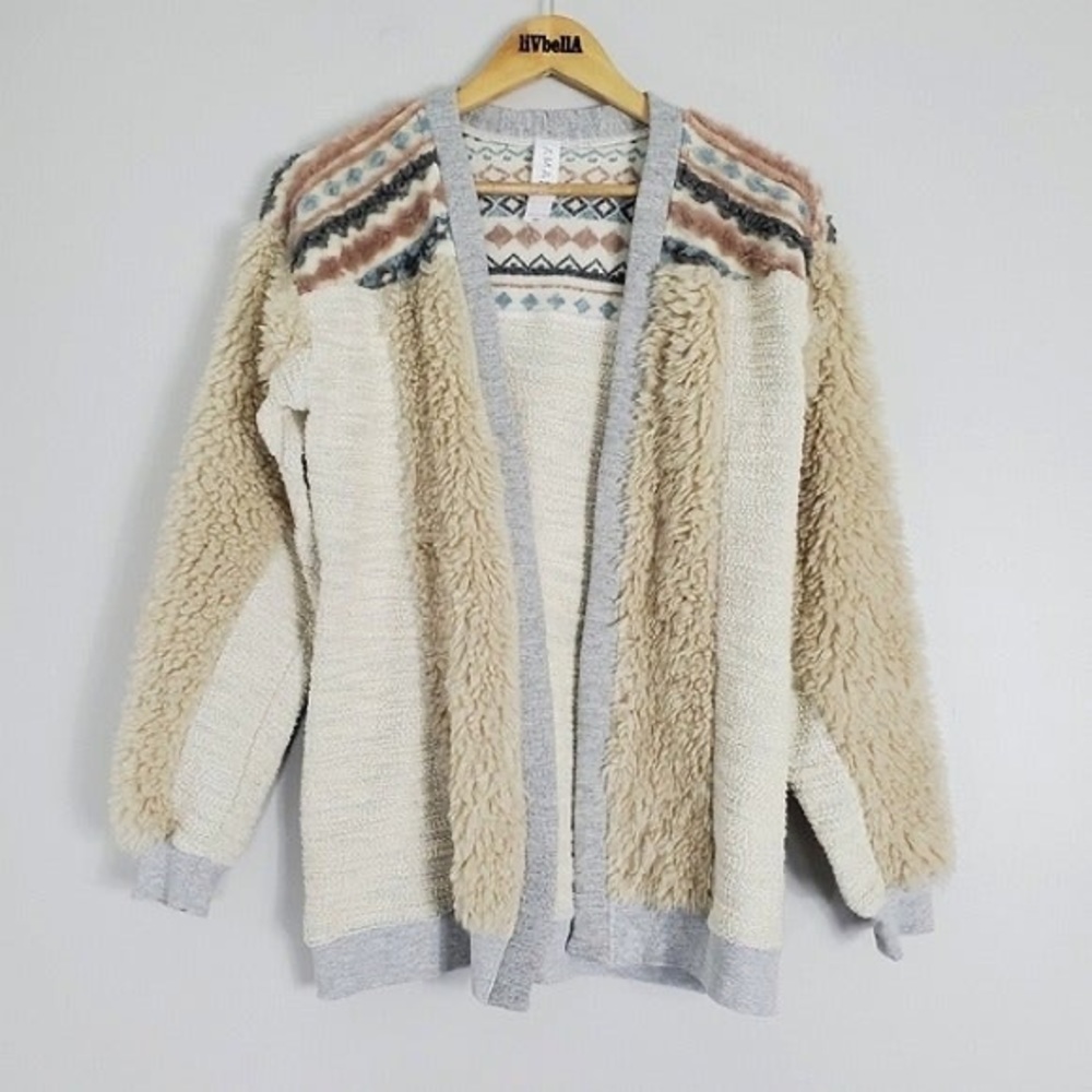 Small cozy Anthropologie Chaparral Bohemian Open Front Fur lambswool Cardigan